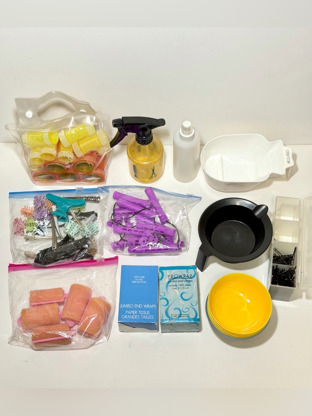 Salon Hair Styling Lot – Perm Rods, Curlers, Color Mixing Bowls, Clips & Pins